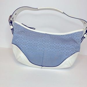 COACH Small Blue Signature Canvas Bag w/ Ivory Leather/ Silver Hobo Handbag